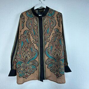 Bob Mackie Wearable Art Paisley Button Front Long Sleeve Blouse Brown/Black 2X